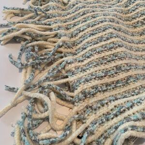 Hadley Wren poncho with soft blues, gray, white. Striped with fringe sides. NWT